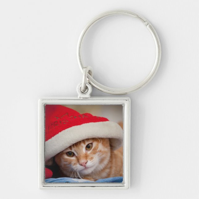 Little Kitten in Red Christmas Hat Keychain (Front)