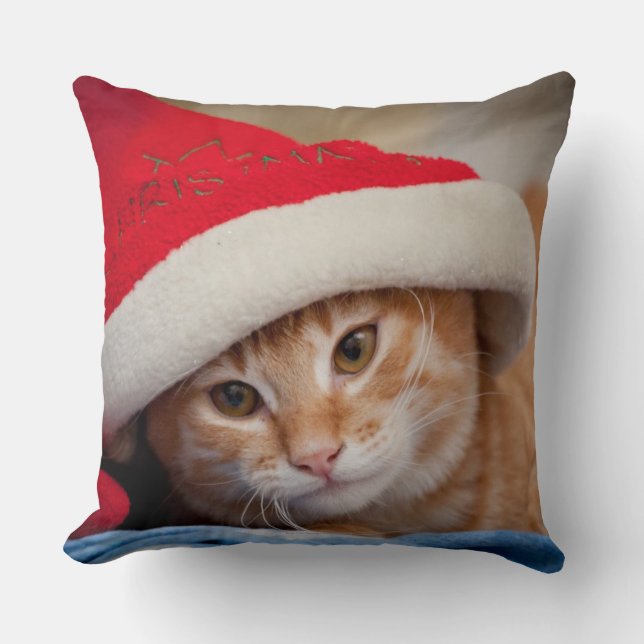 Little Kitten in Red Christmas Hat Throw Pillow (Front)