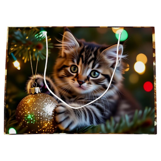 Little Kitten on Christmas Tree   Large Gift Bag (Front)
