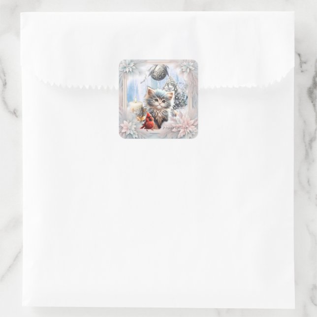 Little kitten with bird square sticker (Bag)
