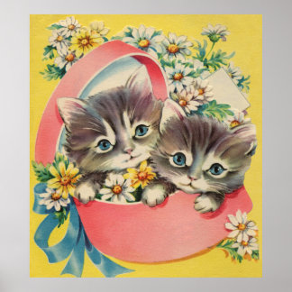Little Kittens A Hatbox and Daisies Poster