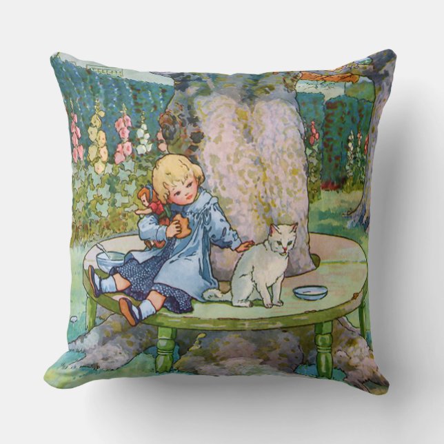 Little Kitty and Child from Mother Goose Throw Pillow (Front)