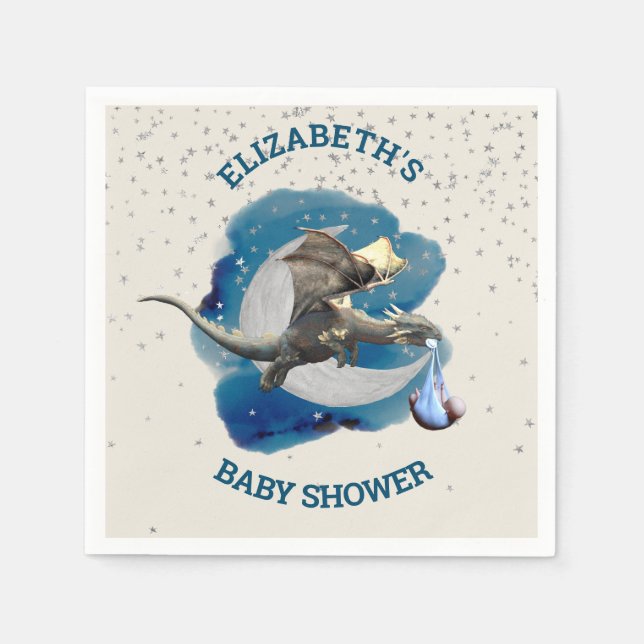  Little Knight Dragon Silver Star Baby Shower  Napkin (Front)