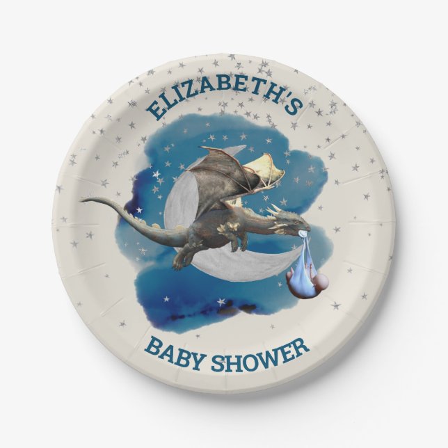  Little Knight Dragon Silver Star Baby Shower  Paper Plate (Front)