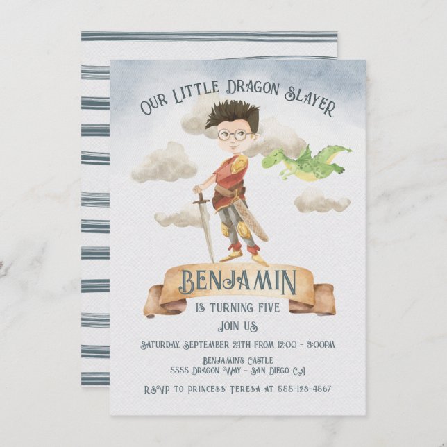 Little Knight Dragon Slayer Fairytale Birthday Inv Invitation (Front/Back)