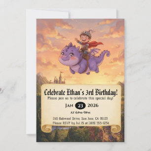 Little Knight Riding a Dragon Birthday Invitation