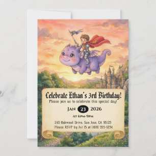 Little Knight Riding a Dragon Birthday Invitation