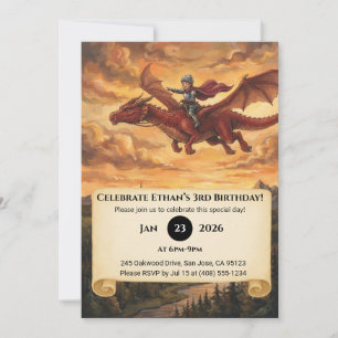 Little Knight Riding a Dragon Birthday Invitation