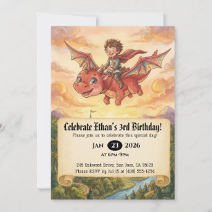 Little Knight Riding a Dragon Birthday Invitation