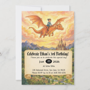 Little Knight Riding a Dragon Birthday Invitation