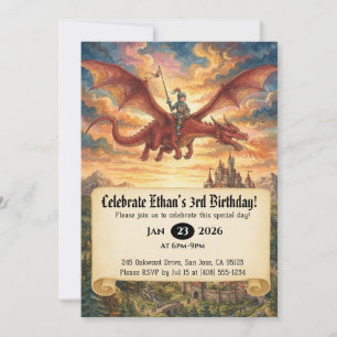 Little Knight Riding a Dragon Birthday Invitation