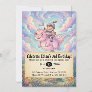 Little Knight Riding a Dragon Birthday Invitation