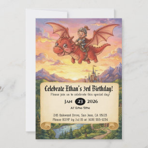Little Knight Riding a Dragon Birthday Invitation