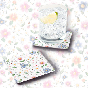 Little Lady Bugs and Flowers Pattern Square Paper Coaster