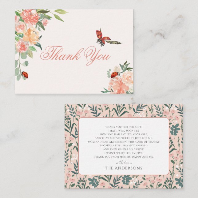 Little Lady Ladybug Roses Baby Shower Thank You Card (Front/Back)
