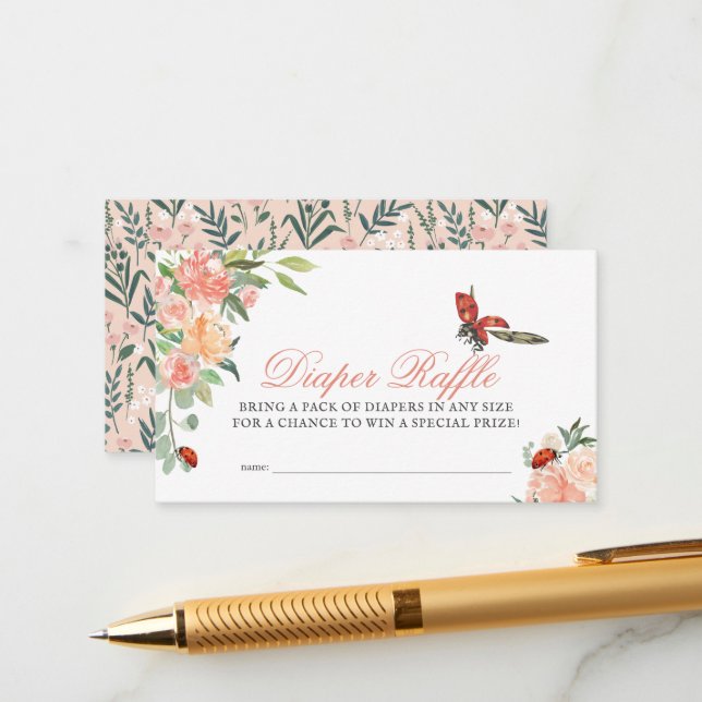 Little Lady Ladybug Roses Diaper Raffle Ticket Enclosure Card (Front/Back In Situ)