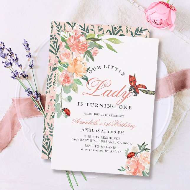 Little Lady Ladybug Roses Girl 1st Birthday Invitation (Creator Uploaded)