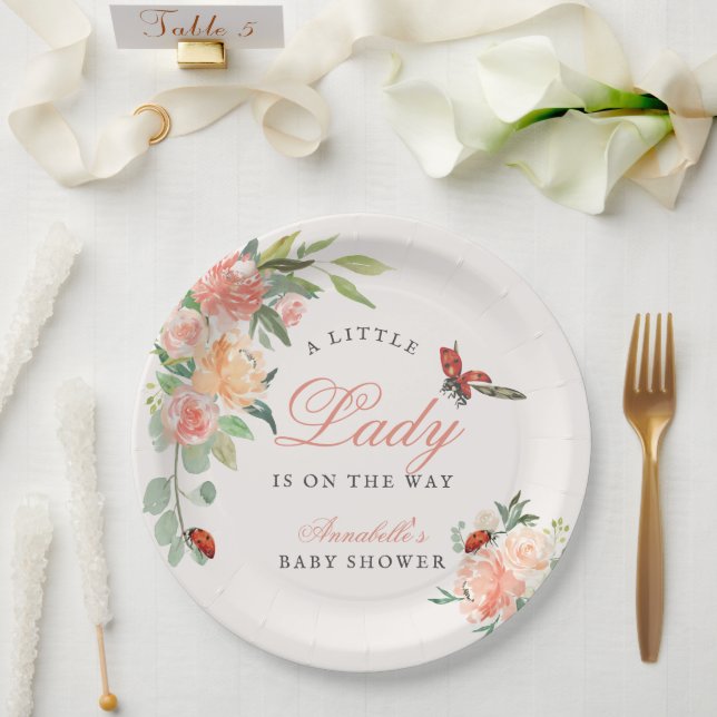 Little Lady Ladybug Roses Girl Baby Shower Paper Plate (Wedding)