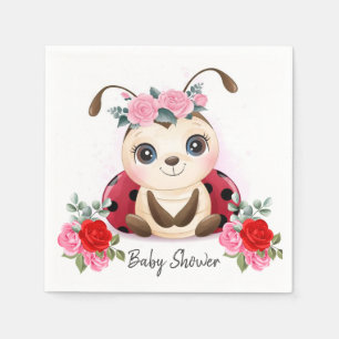 Little Ladybug Pink Red Floral Baby Shower Napkins