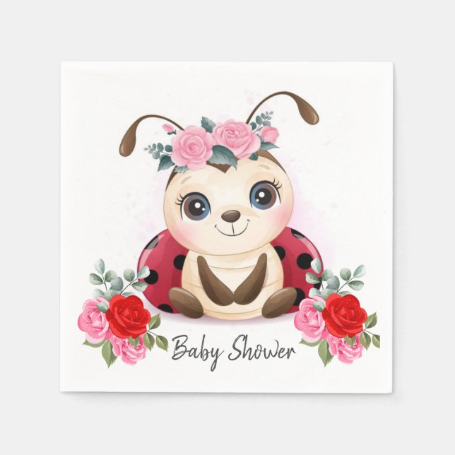 Little Ladybug Pink Red Floral Baby Shower Napkins (Front)
