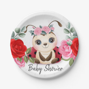 Little Ladybug Pink Red Floral Girl Baby Shower Paper Plate