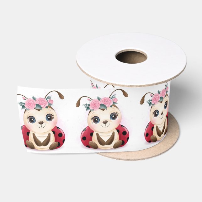 Little Ladybug Red Pink Floral Girl  Baby Shower Satin Ribbon (Spool)