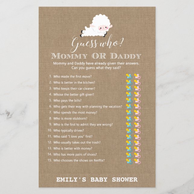 Little Lamb Baby Shower Game PRINTED (Front)