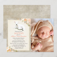 Little Lamb Baptism Floral Photo Invitation