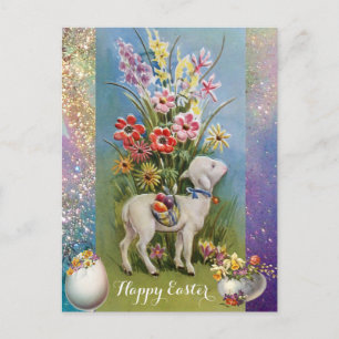 LITTLE LAMB,EASTER EGGS AND COLORFUL FLOWERS HOLIDAY POSTCARD