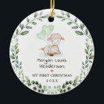 Little Lamb Greenery  Wreath Baby First Christmas Ceramic Ornament<br><div class="desc">This adorable design features a cute baby sheep,  lovely sage green balloons and elegant eucalyptus greenery wreath. The back design gives you the option to add your baby's photo to make the ornament even more personal and special!</div>