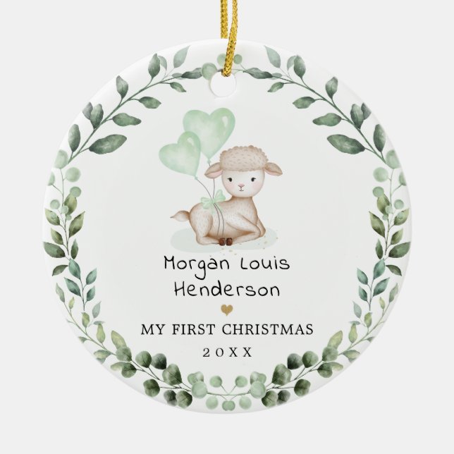 Little Lamb Greenery  Wreath Baby First Christmas Ceramic Ornament (Front)