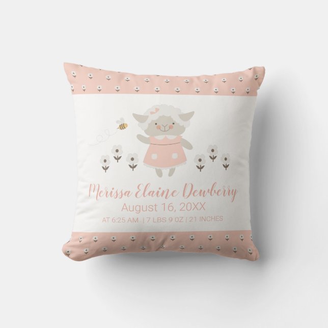 Little Lamb Pink Cute Girl Birth Stats Nursery Throw Pillow (Front)