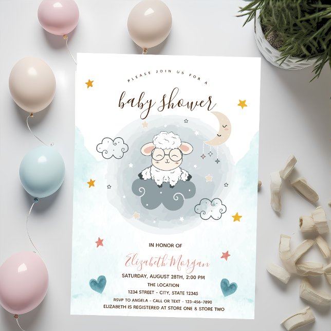 Little Lamb Sheep Cloud Moon Stars Baby Shower  Invitation (Creator Uploaded)
