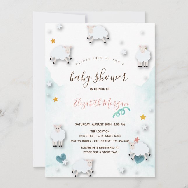 Little Lamb Sheeps Cloud Stars Baby Shower  Invitation (Front)