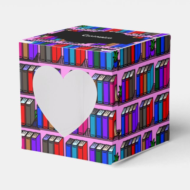 Little Library Book Shelves Pink Heart Favor Box (Front Side)