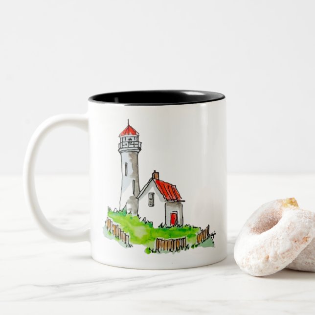 Little Lighthouse Watercolour Two-Tone Coffee Mug (With Donut)