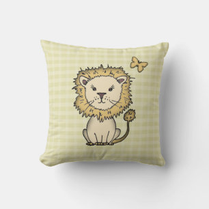 Little Lion and Butterfly on Yellow Plaid Throw Pillow