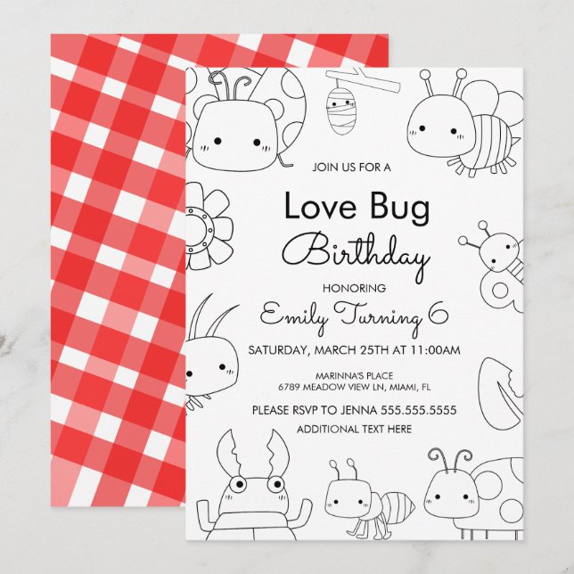 Little Love Bug Birthday Colour Invitation (Front/Back)