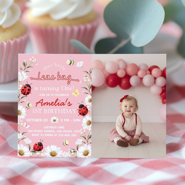 Little Love Bug Daisy Floral Birthday Photo Invite (Creator Uploaded)