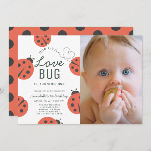 Little Love Bug Ladybug Girl 1st Birthday Photo Invitation