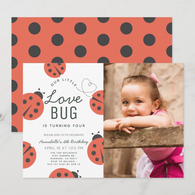 Little Love Bug Ladybug Girl Birthday Photo Invitation (Front/Back)