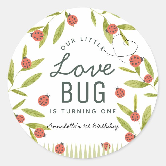 Little Love Bug Ladybug Leaf Birthday Classic Round Sticker (Front)