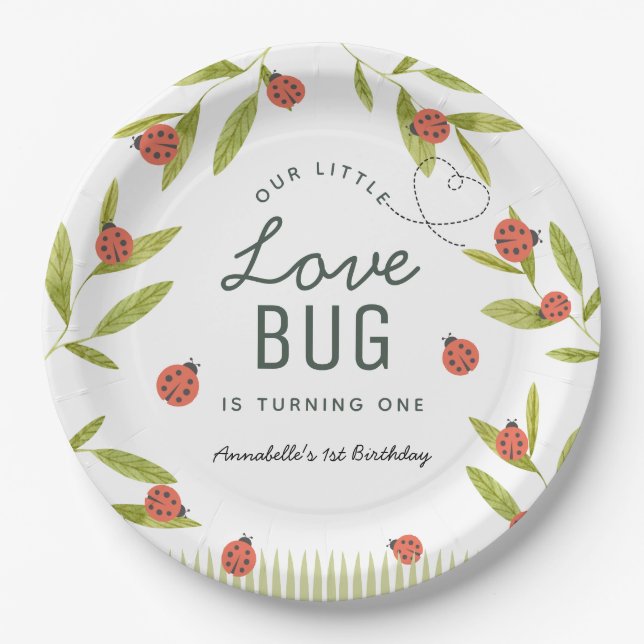 Little Love Bug Ladybug Leaf Birthday Paper Plate (Front)