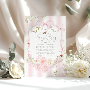 Little Love Bug Pink Bow Stripes Baby Shower Invitation