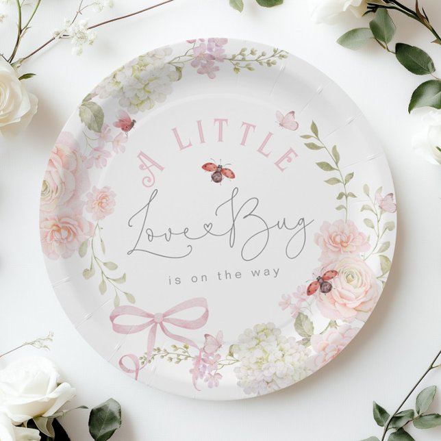 Little Love Bug Wildflower Pink Bow Baby Shower Paper Plate (Creator Uploaded)