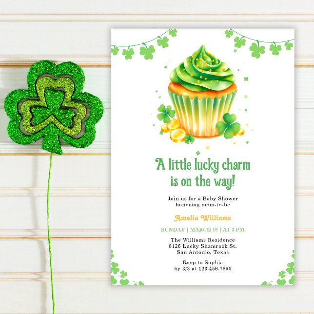 Little Lucky Charm Clover Cupcake Baby Shower Invitation (Green and Gold St. Patrick's Day Baby Shower Invitation – Shamrock and Cupcake Theme)
