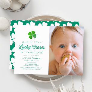 Little Lucky Charm Shamrock Photo 1st Birthday Invitation