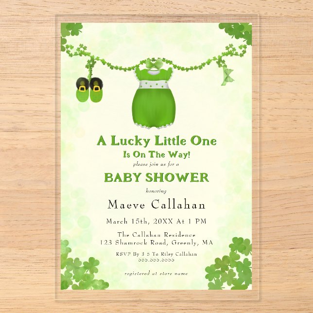 Little Lucky One Shamrock Baby Girl Outfit Acrylic Invitations (Front)