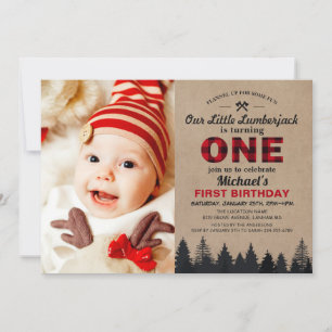 Little Lumberjack First Birthday Party Baby Photo Invitation