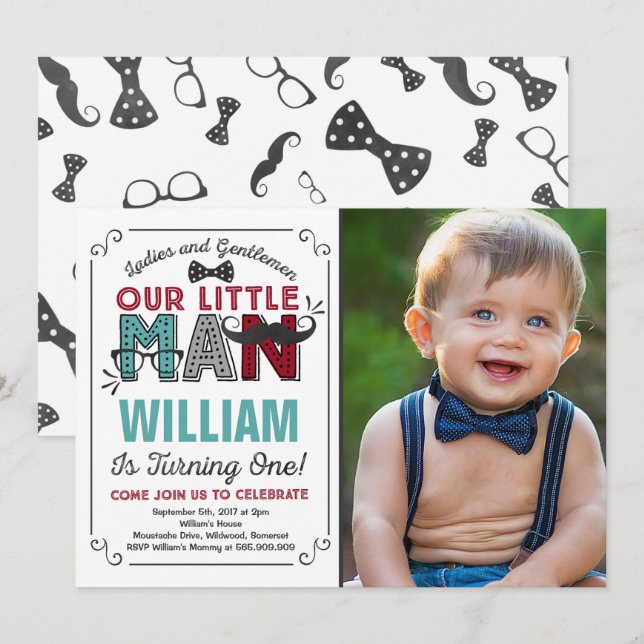 Little Man 1er anniversaire Invitation Mustache Pa (Devant / Derrière)